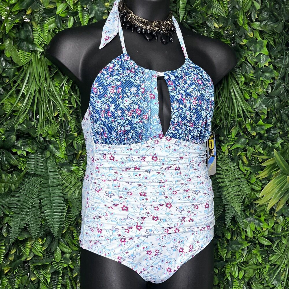 SPORTS WEAR Swimsuit Women Large Blue Floral One Piece Halter NWT‎ 2333